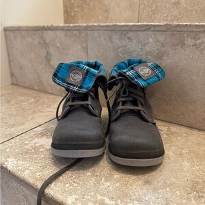 Palladium Kids Gray Boots with Blue Plaid Detail